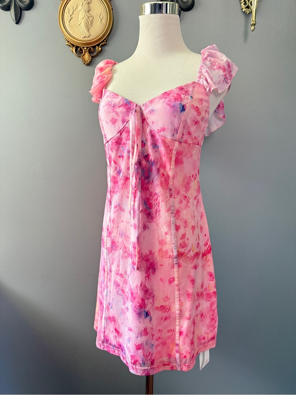 Floral Pink Mini Dress with Ruffle Straps